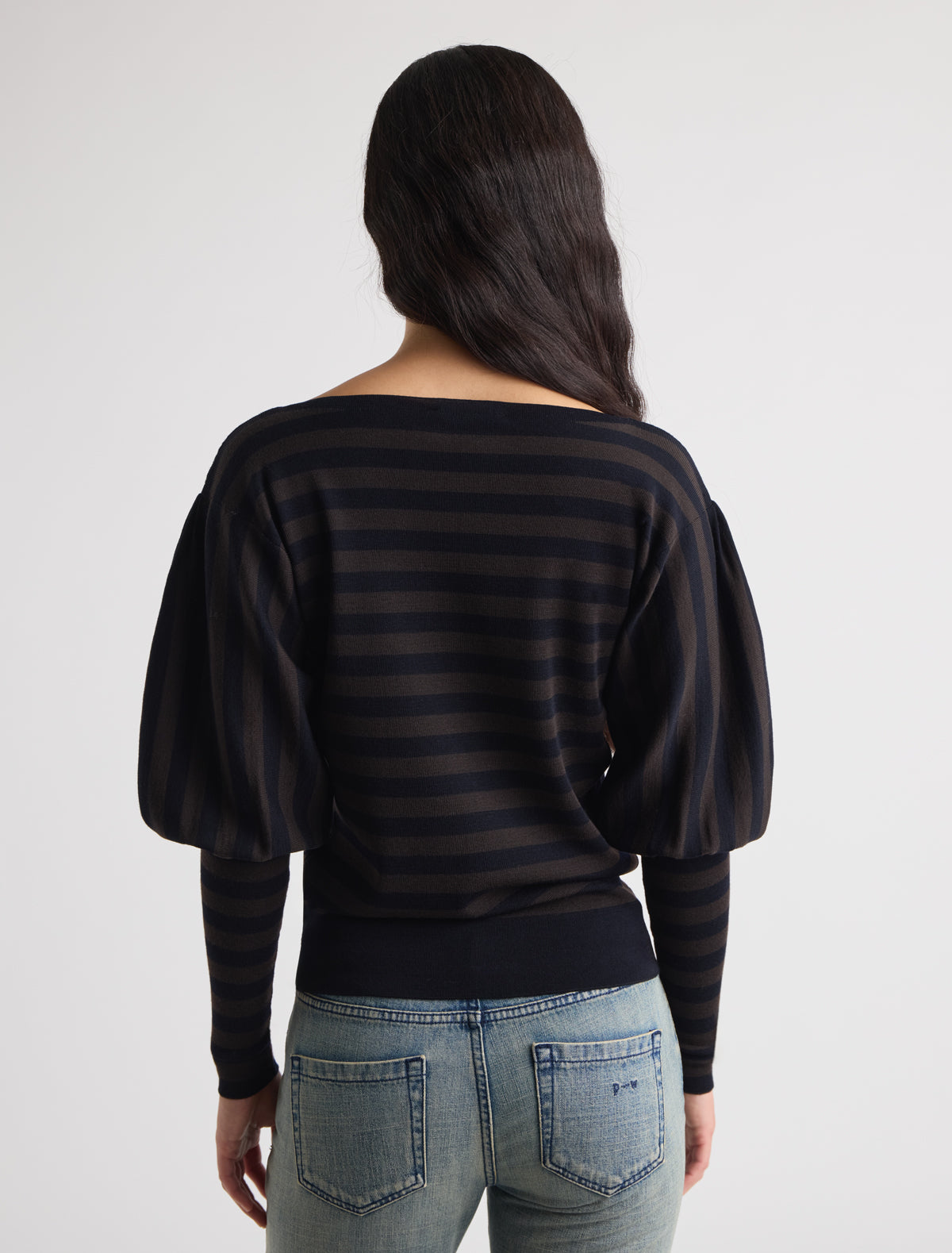 Marmol striped knitted top puff sleeves pleated detailing shoulders navy