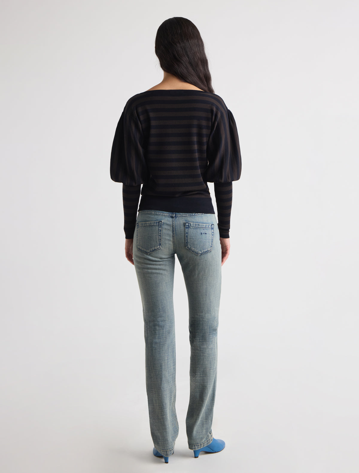 Marmol striped knitted top puff sleeves pleated detailing shoulders navy