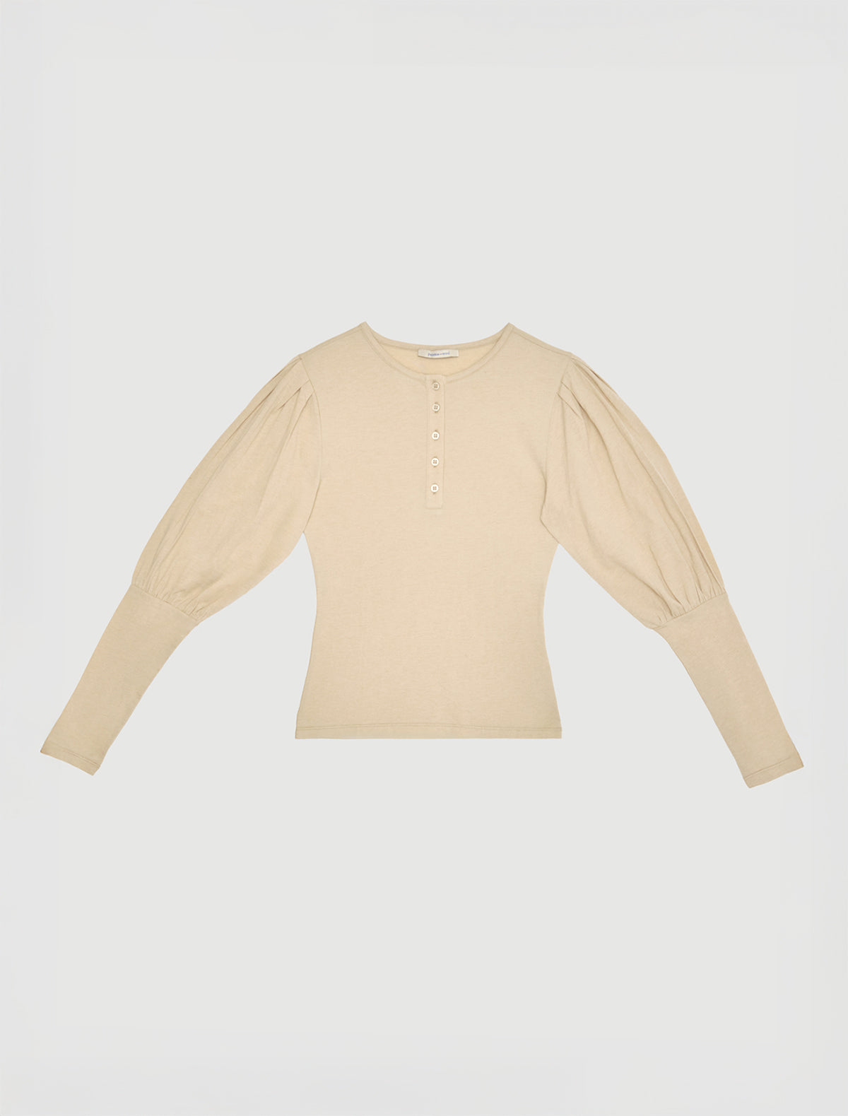 Rafaga top henley style neckline puff sleeves fitted hem beige