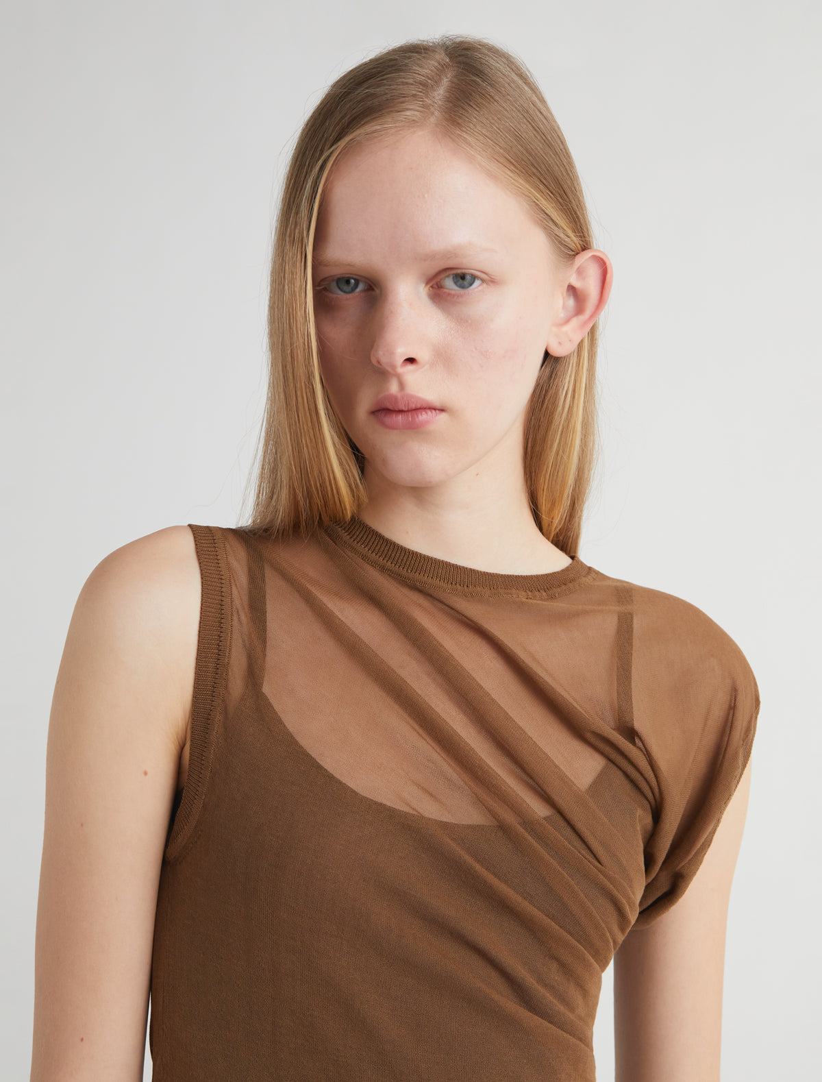 Raven ii asymmetrical knit top draped detailing brown