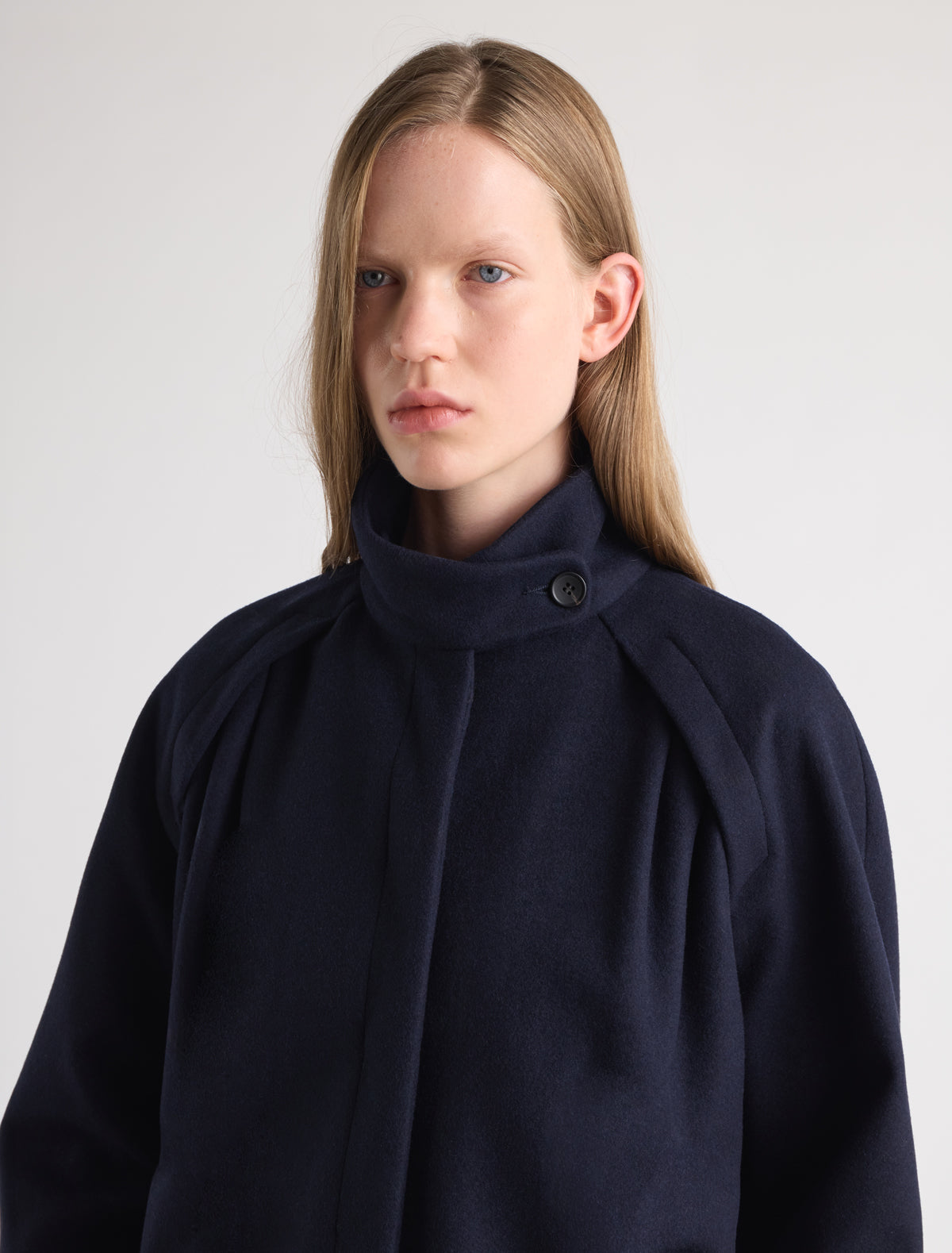 Vidale long wool coat raglan sleeves two front pleats added volume navy