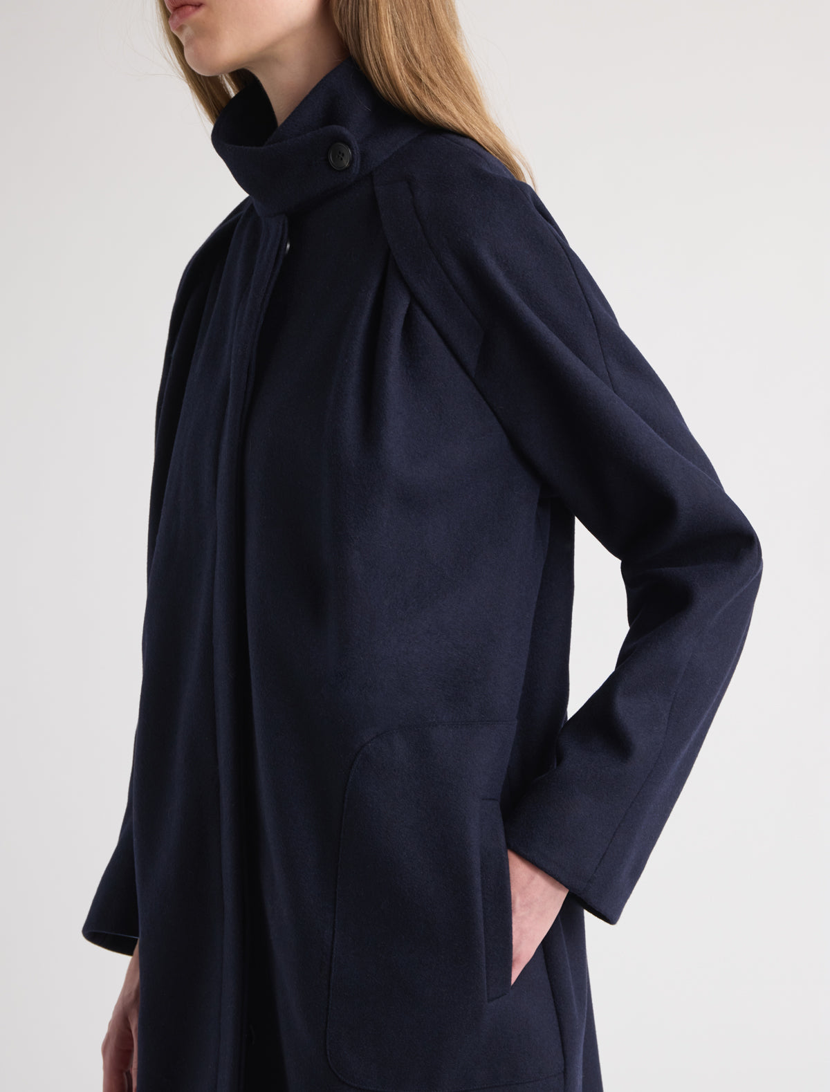 Vidale long wool coat raglan sleeves two front pleats added volume navy