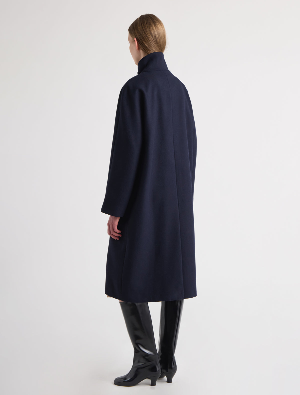 Vidale long wool coat raglan sleeves two front pleats added volume navy