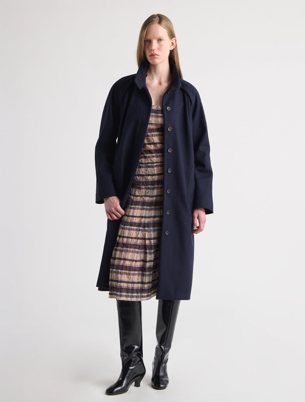 Vidale long wool coat raglan sleeves two front pleats added volume navy