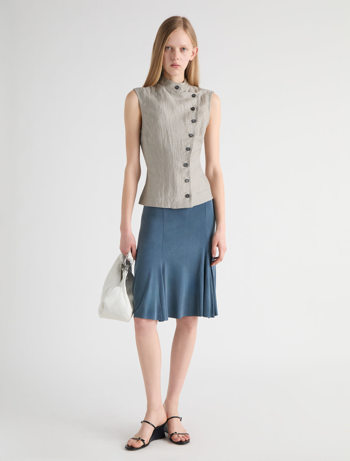 Sara high neck top wrap front button closure grey