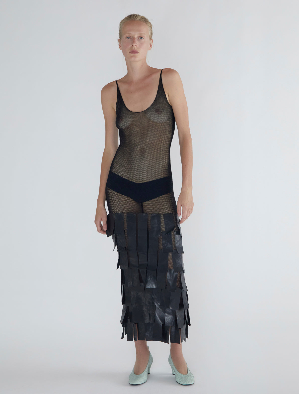 Juana 0001 strappy knit dress fringe like leather patches