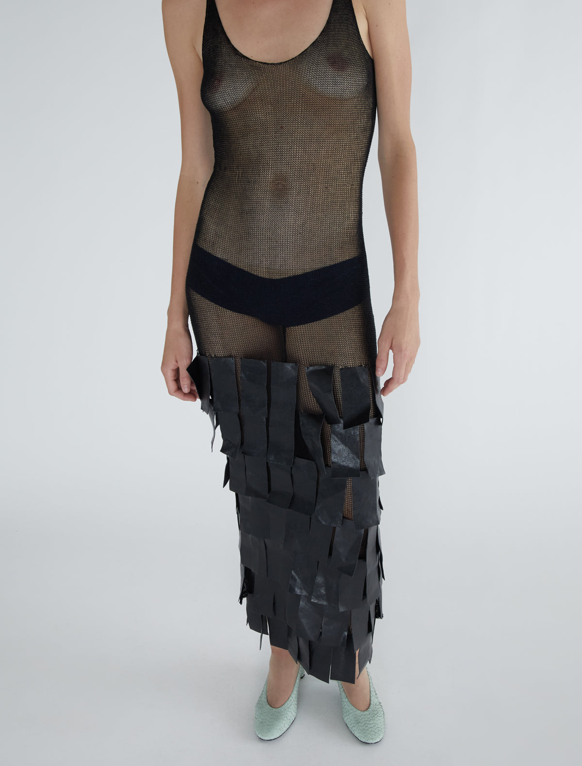 Juana 0001 strappy knit dress fringe like leather patches