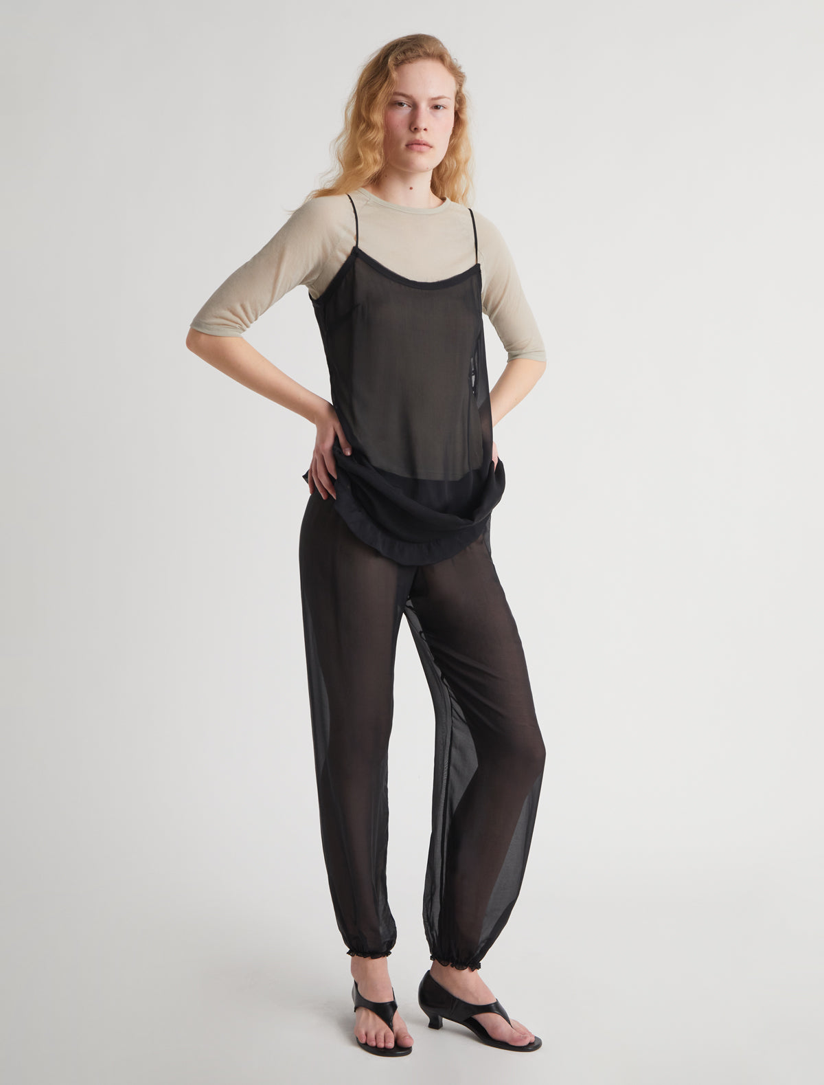 Weza delicate sheer harem silk pants elastic wasitband ankles black