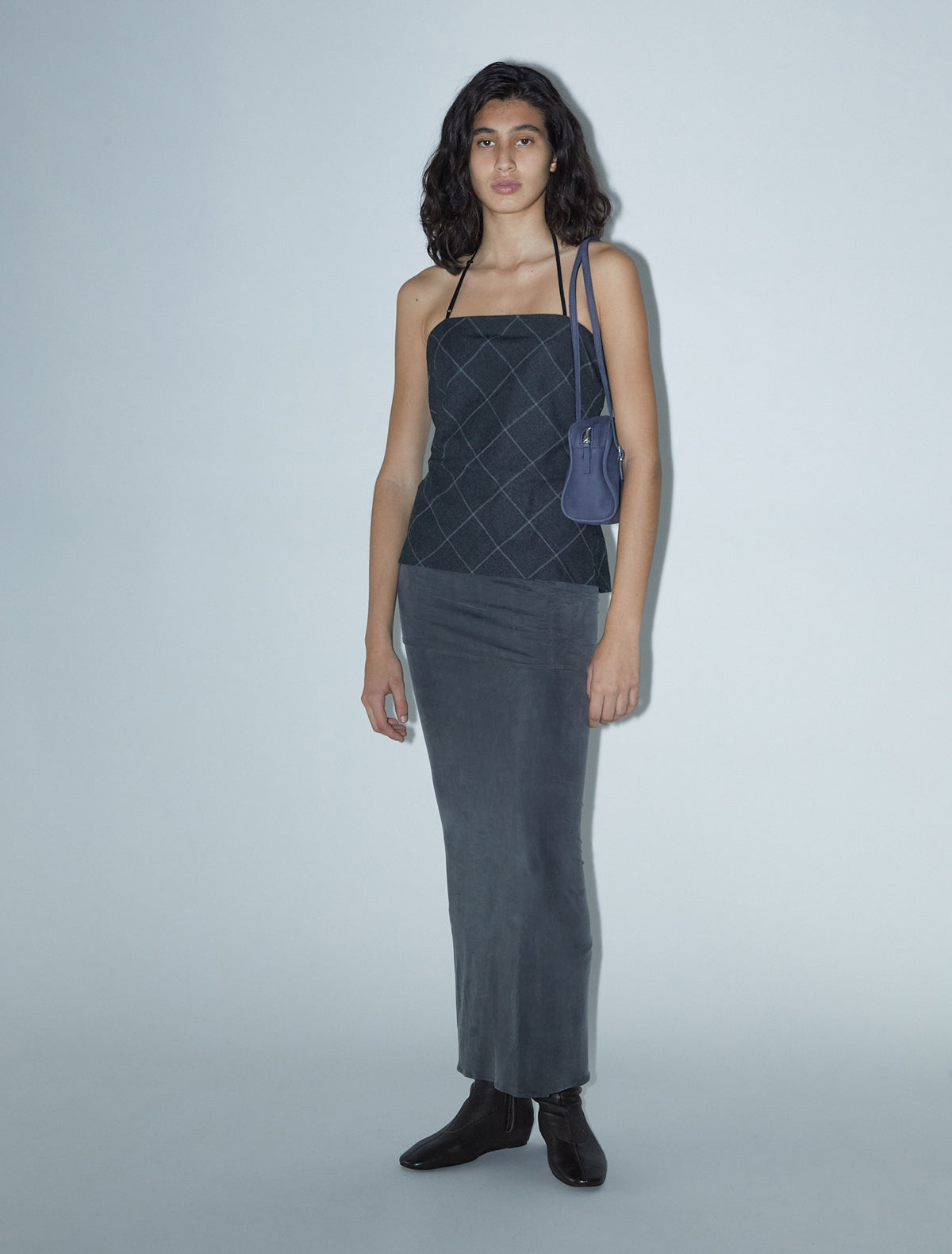 Lois fitted long cupro skirt ruched waistband grey