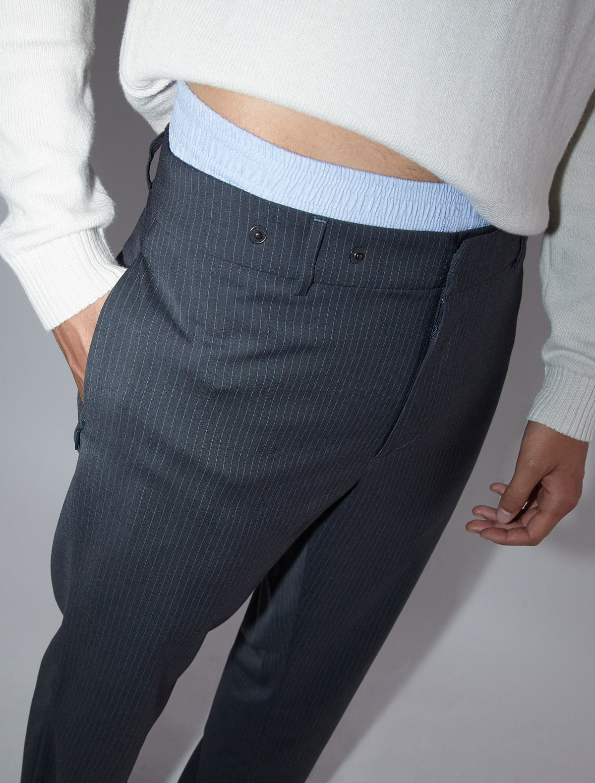 Serge men straight leg trousers waistband buttons
