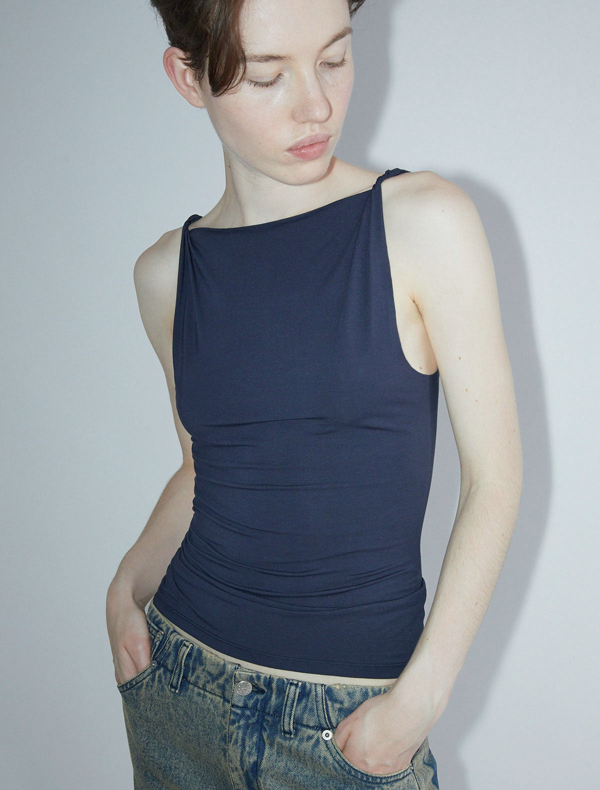 Simp sleeveless top twisted shoulder details navy