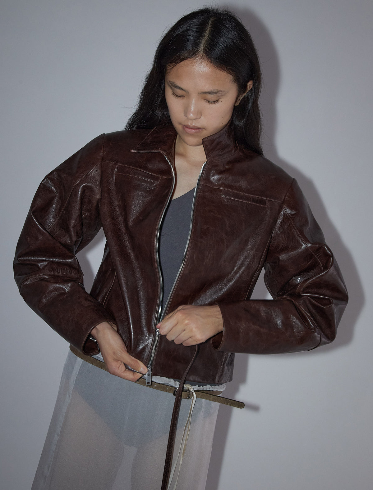 Banui fitted leather jacket zipper pockets brown
