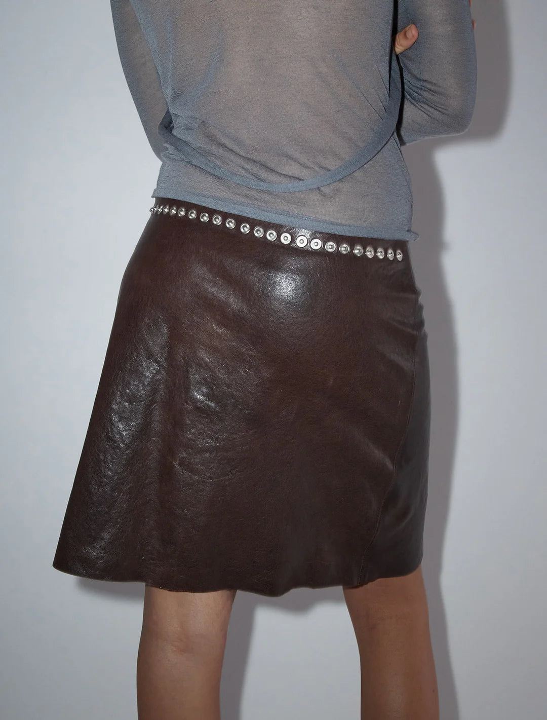 Sandi leather skirt waistband snaps brown