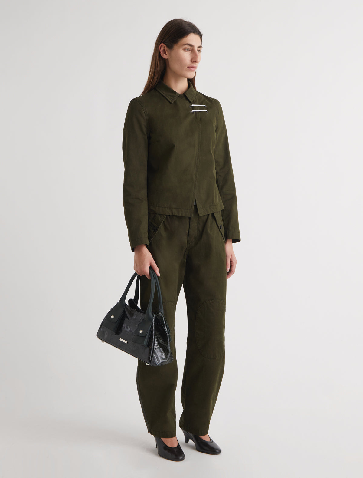 Yaro double breasted twill jacket removable metal hook fastenings khaki