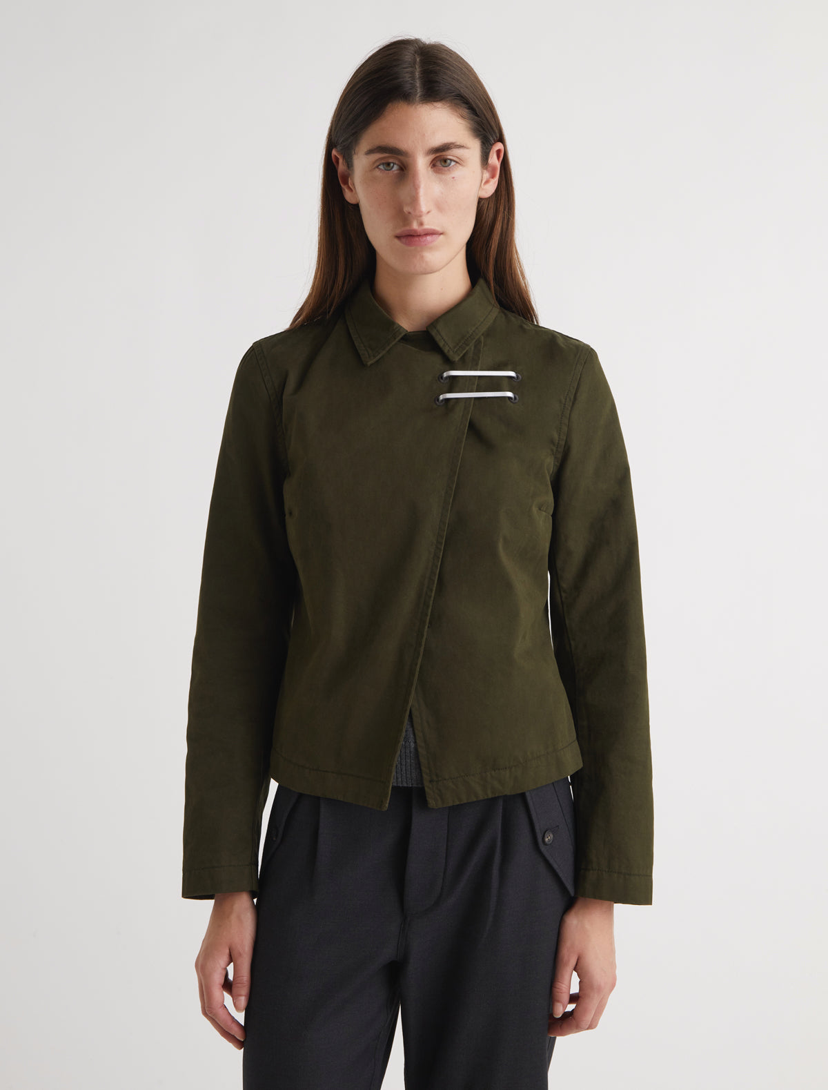 Yaro double breasted twill jacket removable metal hook fastenings khaki
