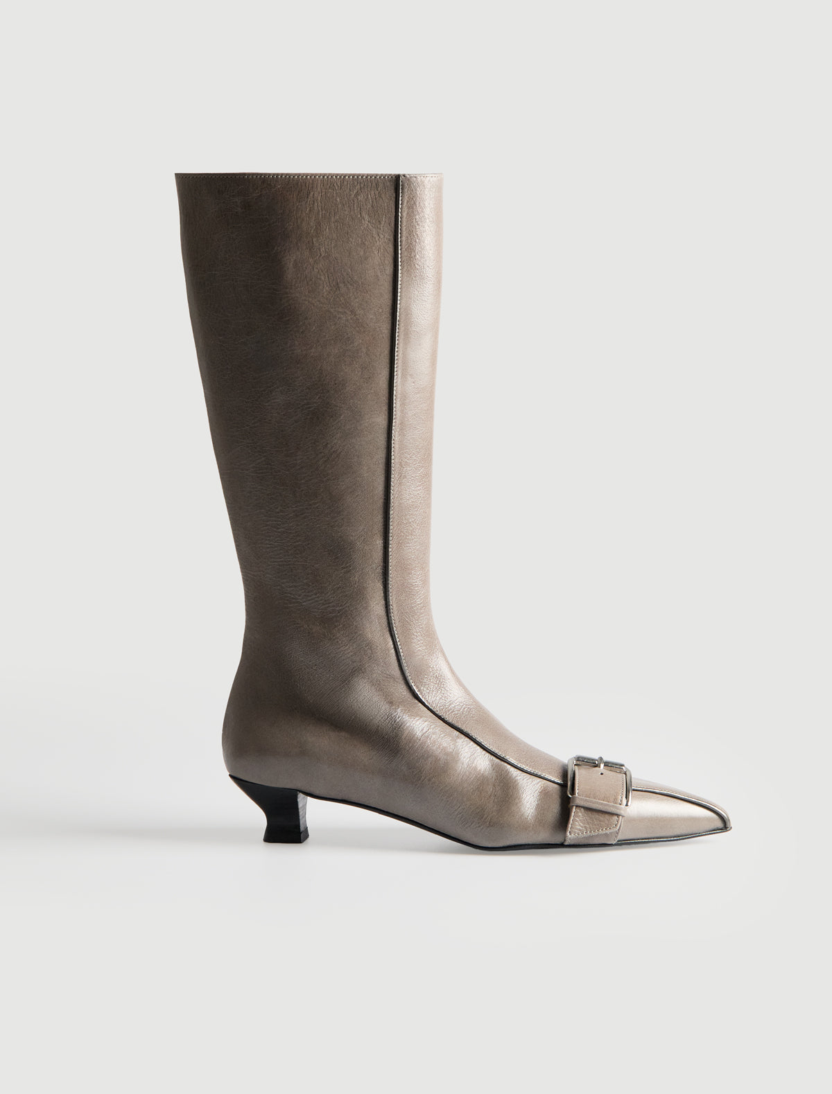 Judo tall pointed toe leather boot buckle detail cone heel grey