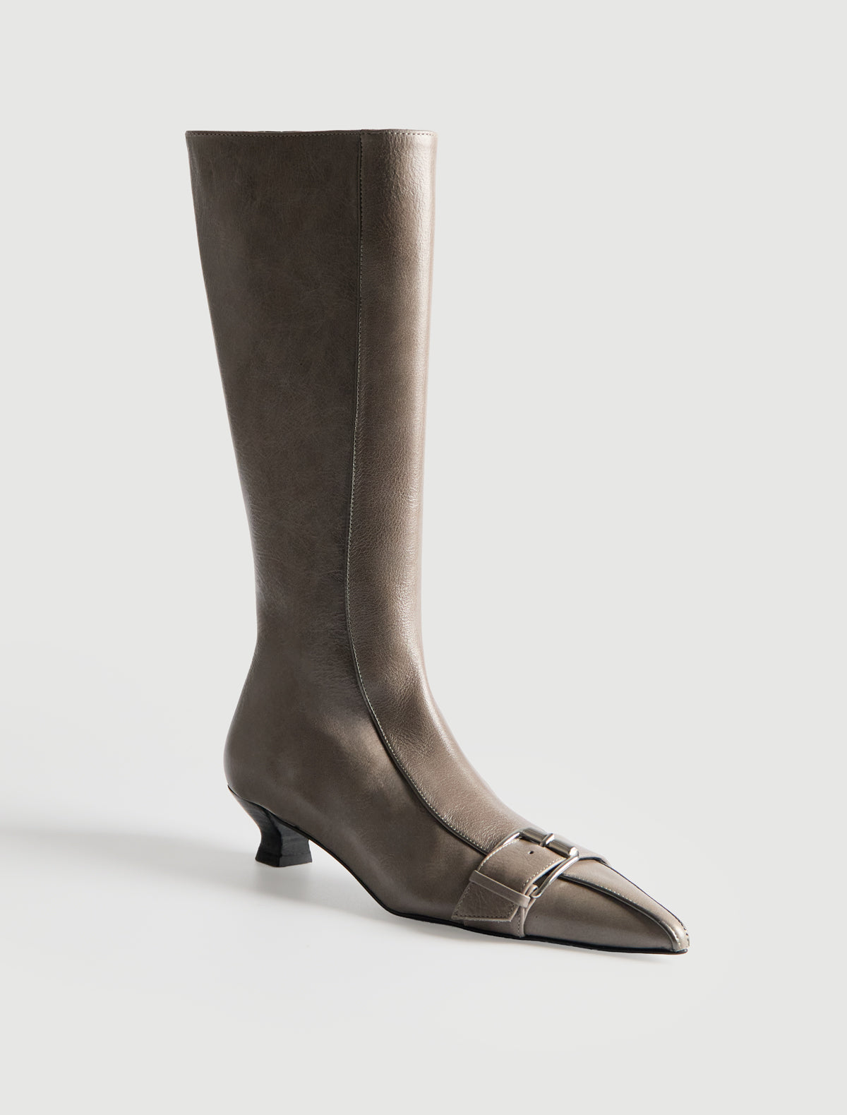 Judo tall pointed toe leather boot buckle detail cone heel grey