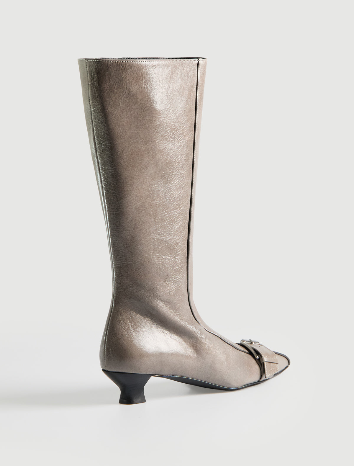 Judo tall pointed toe leather boot buckle detail cone heel grey