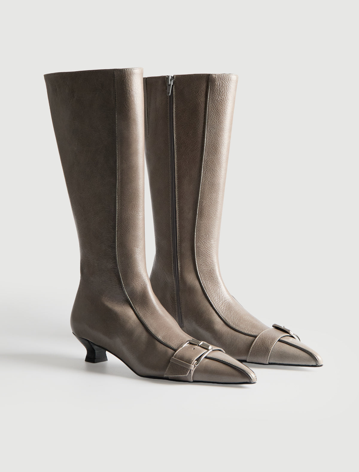 Judo tall pointed toe leather boot buckle detail cone heel grey
