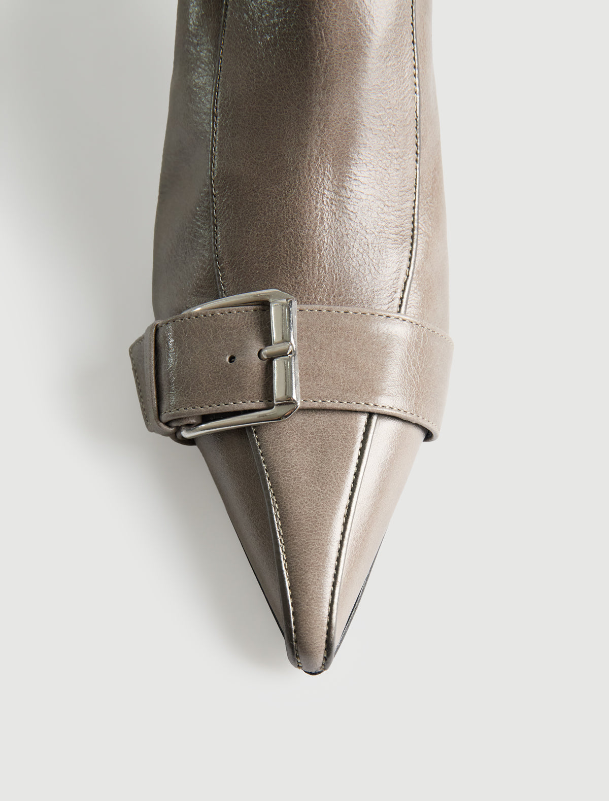 Judo tall pointed toe leather boot buckle detail cone heel grey