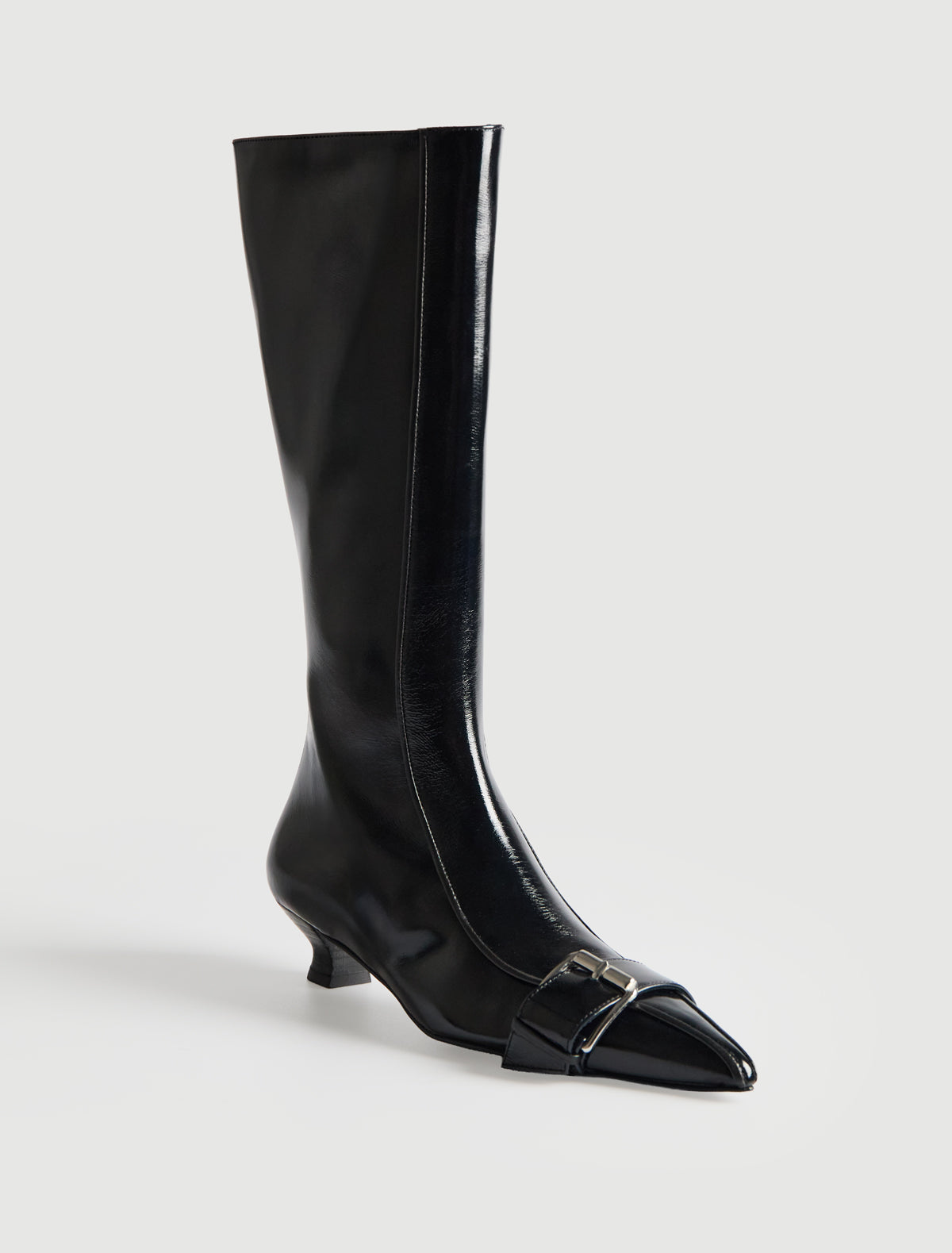 Judo tall pointed toe leather boot buckle detail cone heel navy