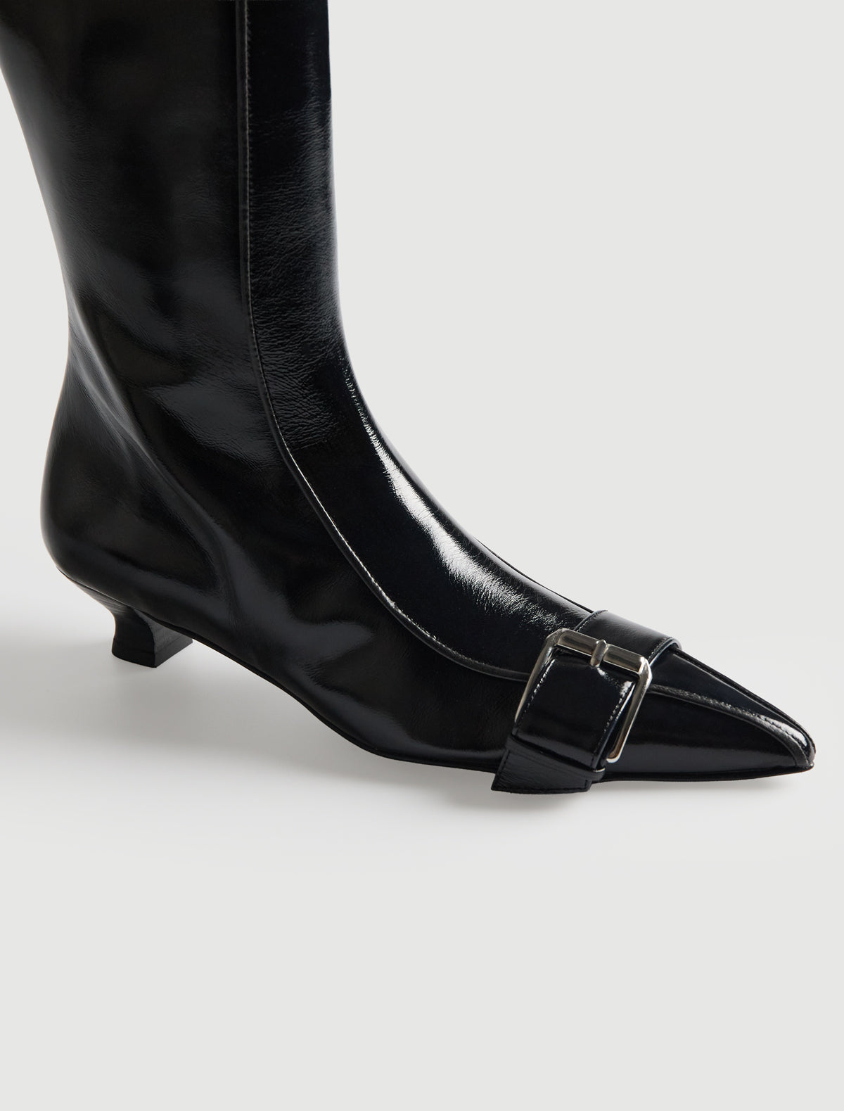 Judo tall pointed toe leather boot buckle detail cone heel navy