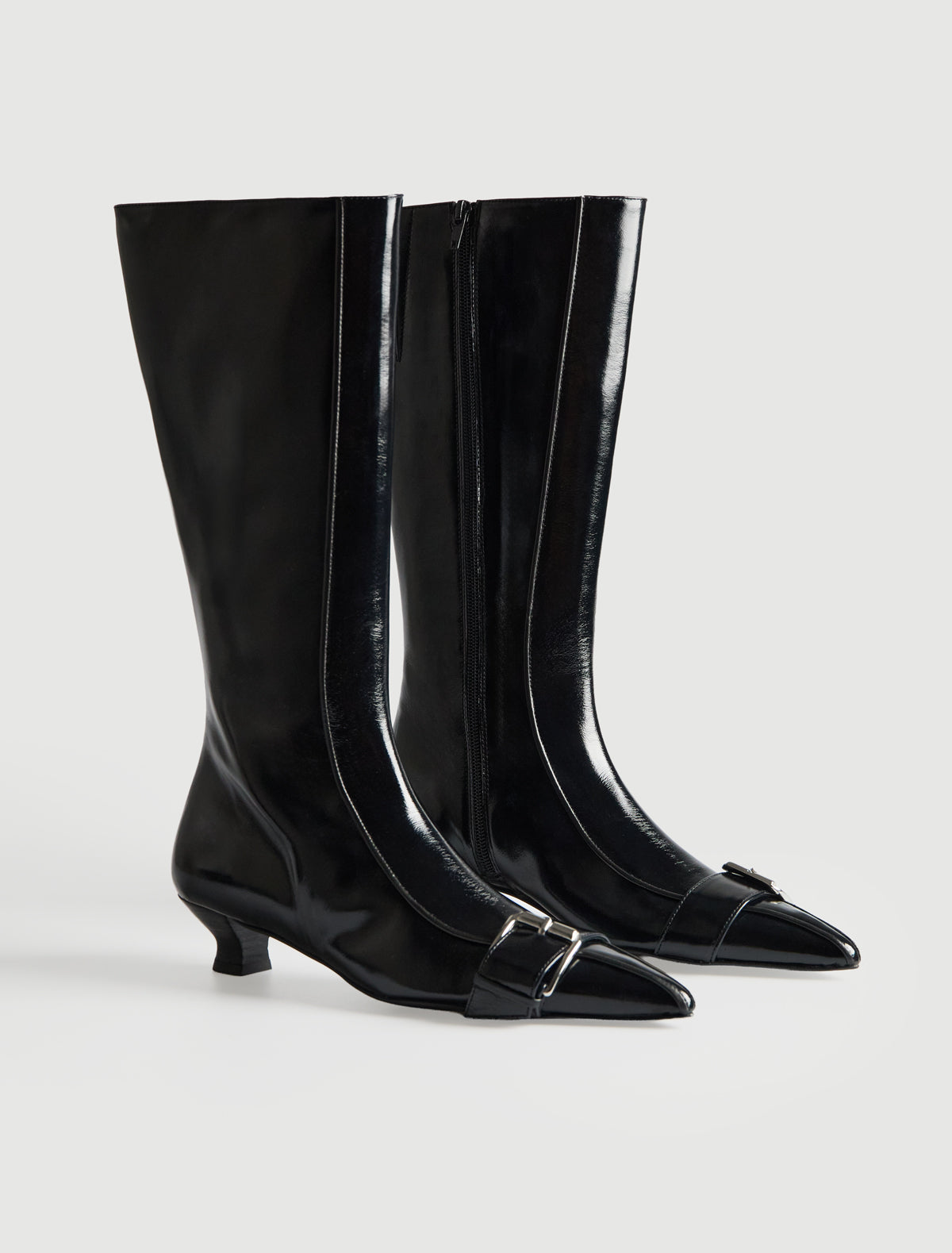 Judo tall pointed toe leather boot buckle detail cone heel navy