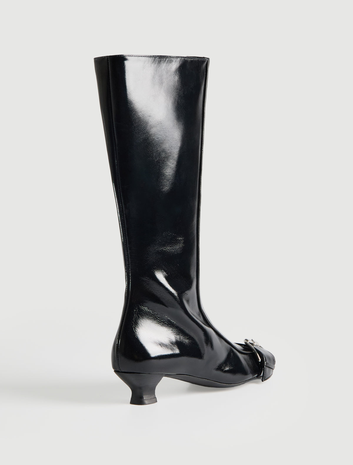 Judo tall pointed toe leather boot buckle detail cone heel navy