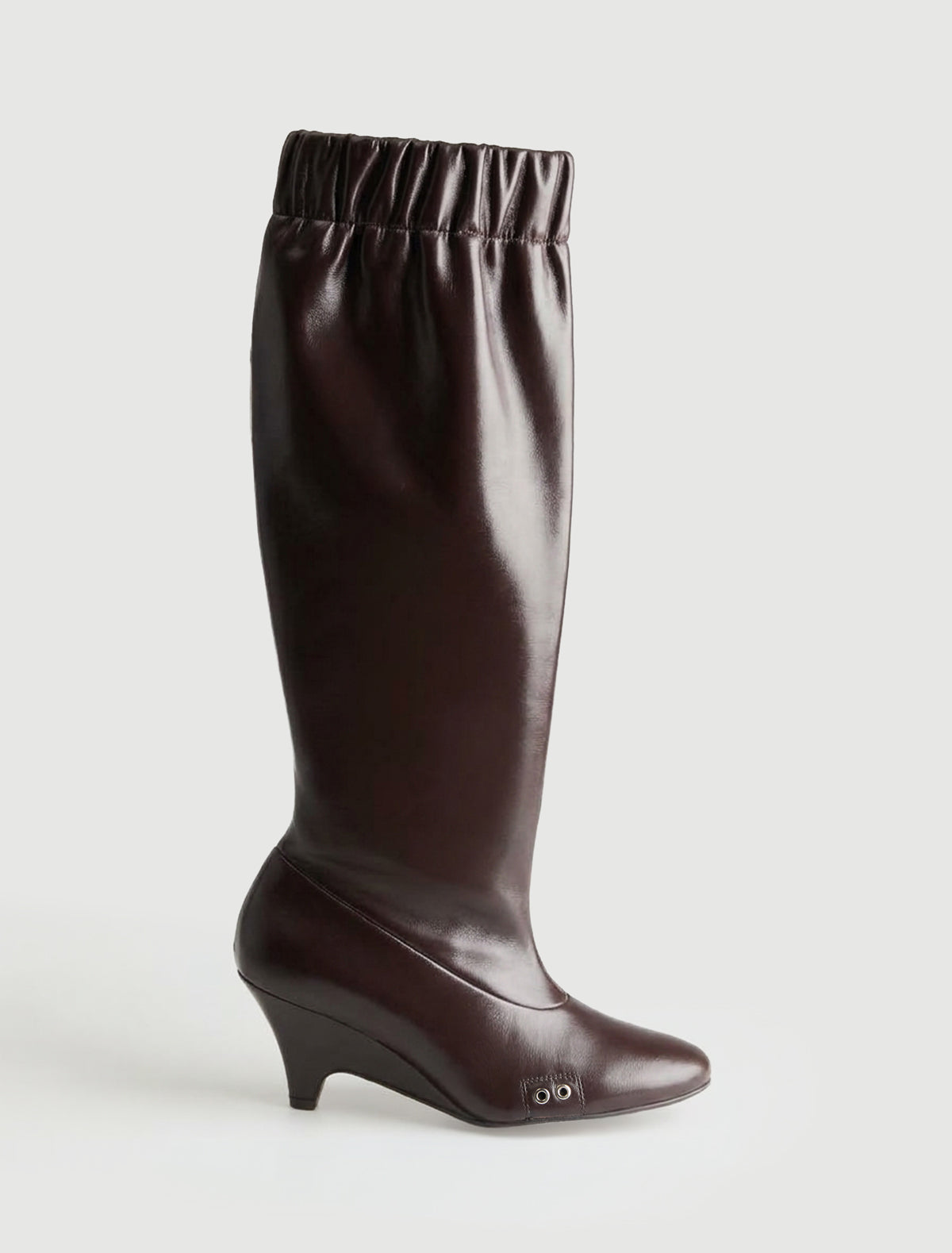 Joelia boot ii shaped wedge leather boot metal vent loose shaft ruched effect brown