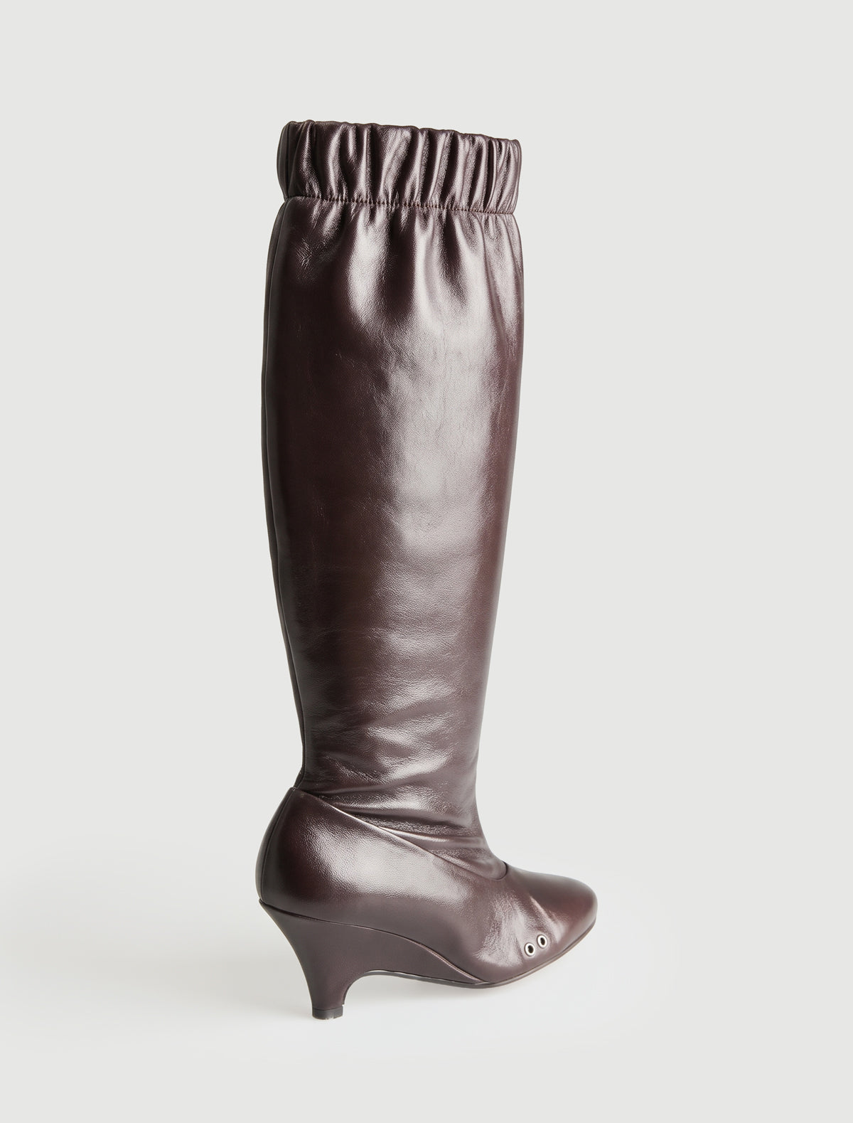 Joelia boot ii shaped wedge leather boot metal vent loose shaft ruched effect brown