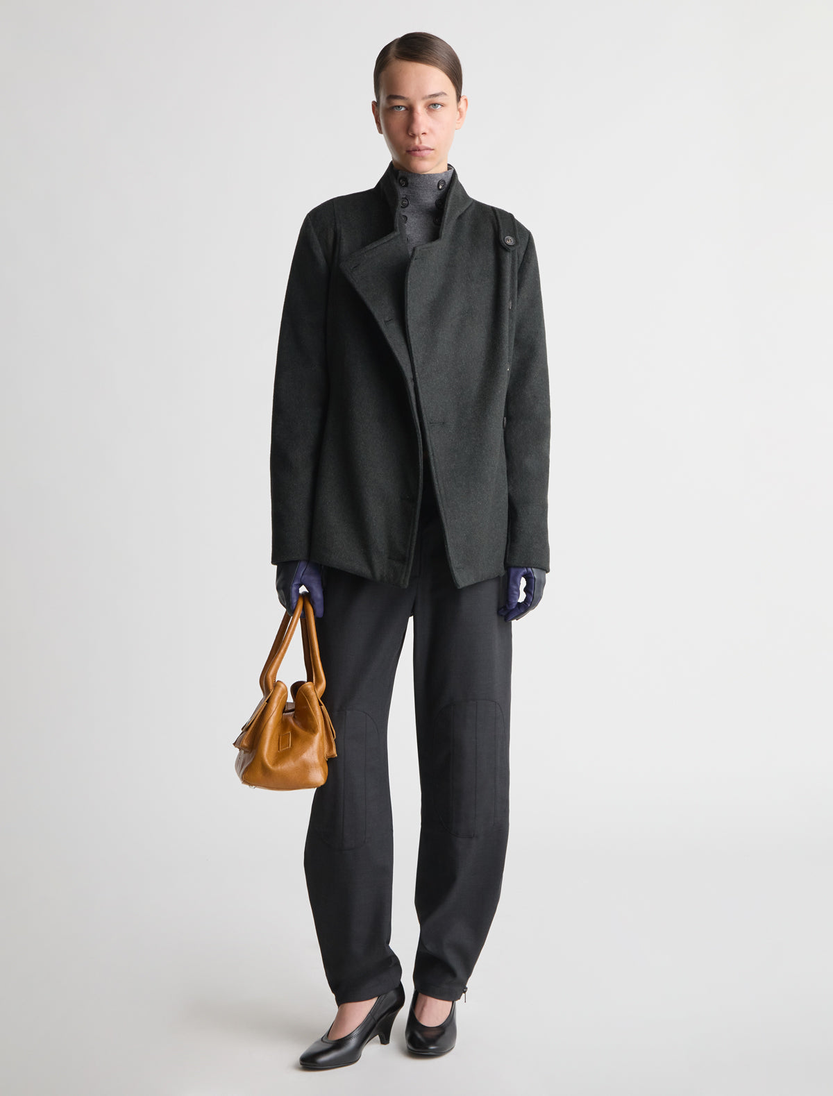 Yashi fitted midi coat double breasted front high neck