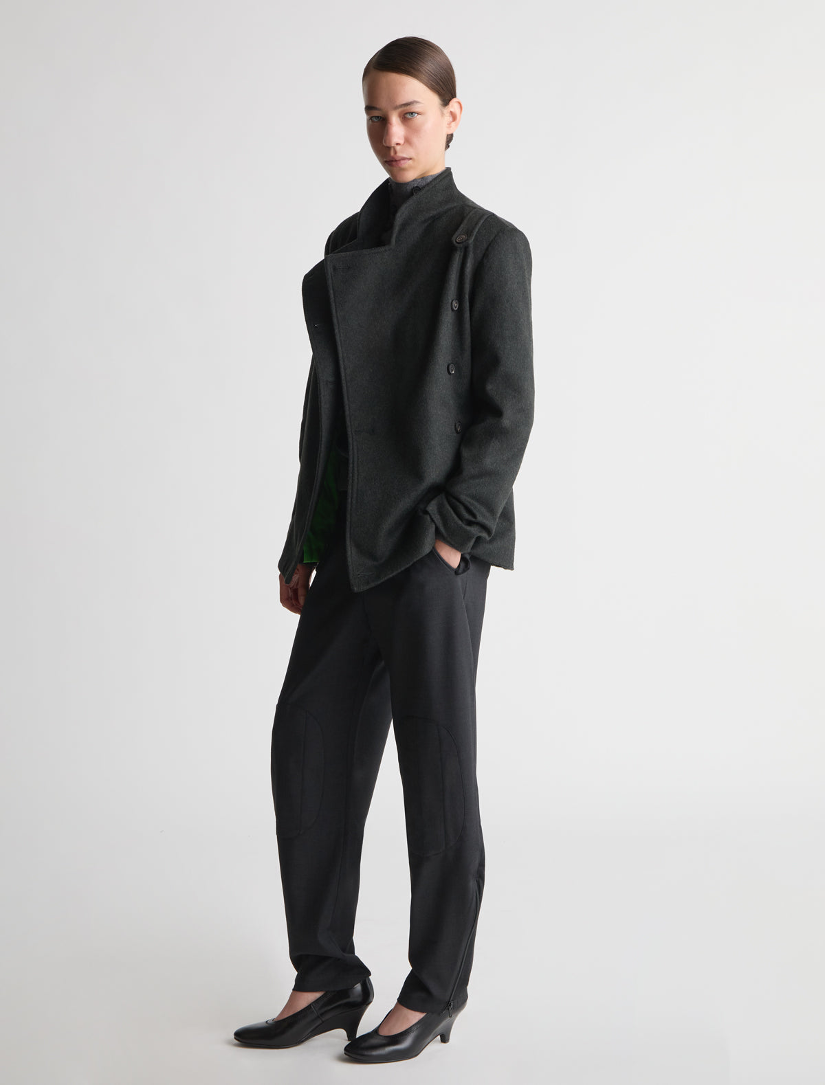 Yashi fitted midi coat double breasted front high neck