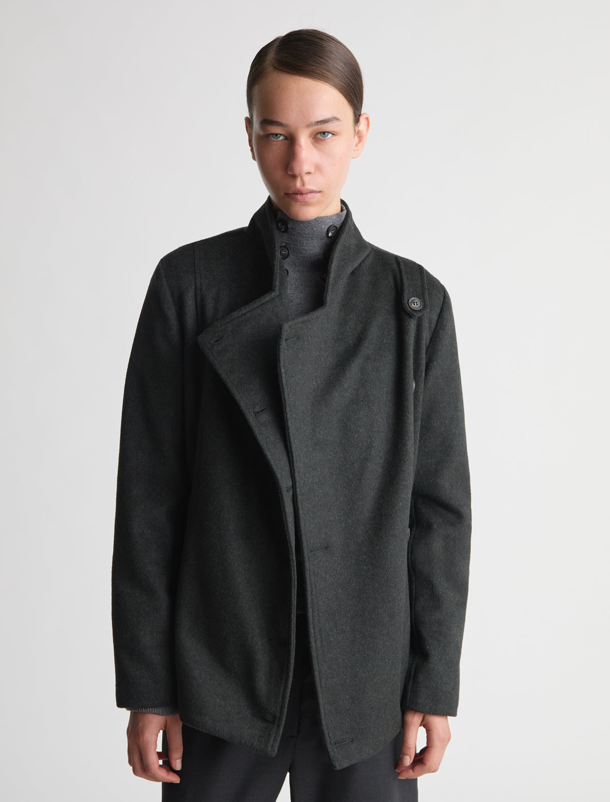 Yashi fitted midi coat double breasted front high neck