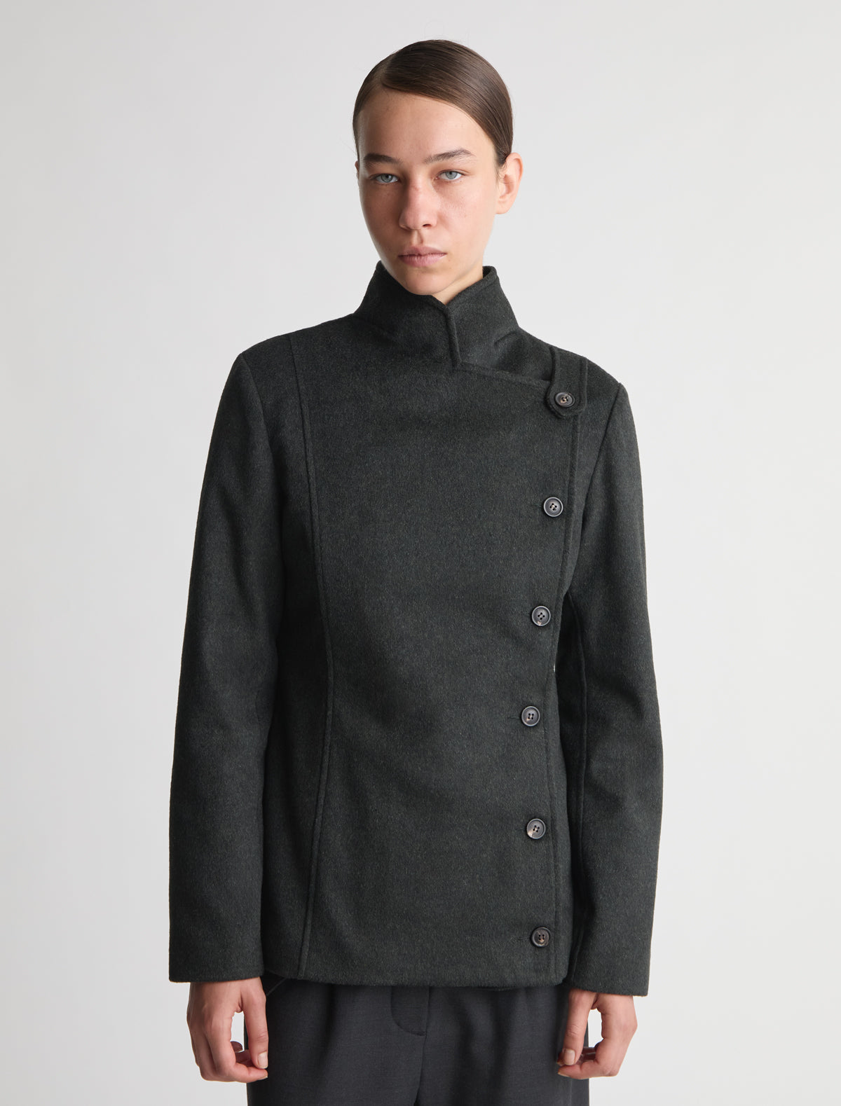 Yashi fitted midi coat double breasted front high neck