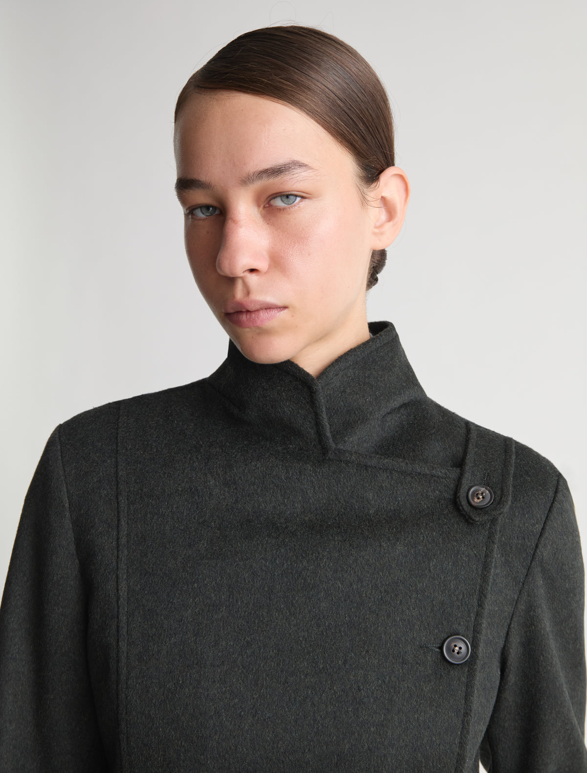 Yashi fitted midi coat double breasted front high neck