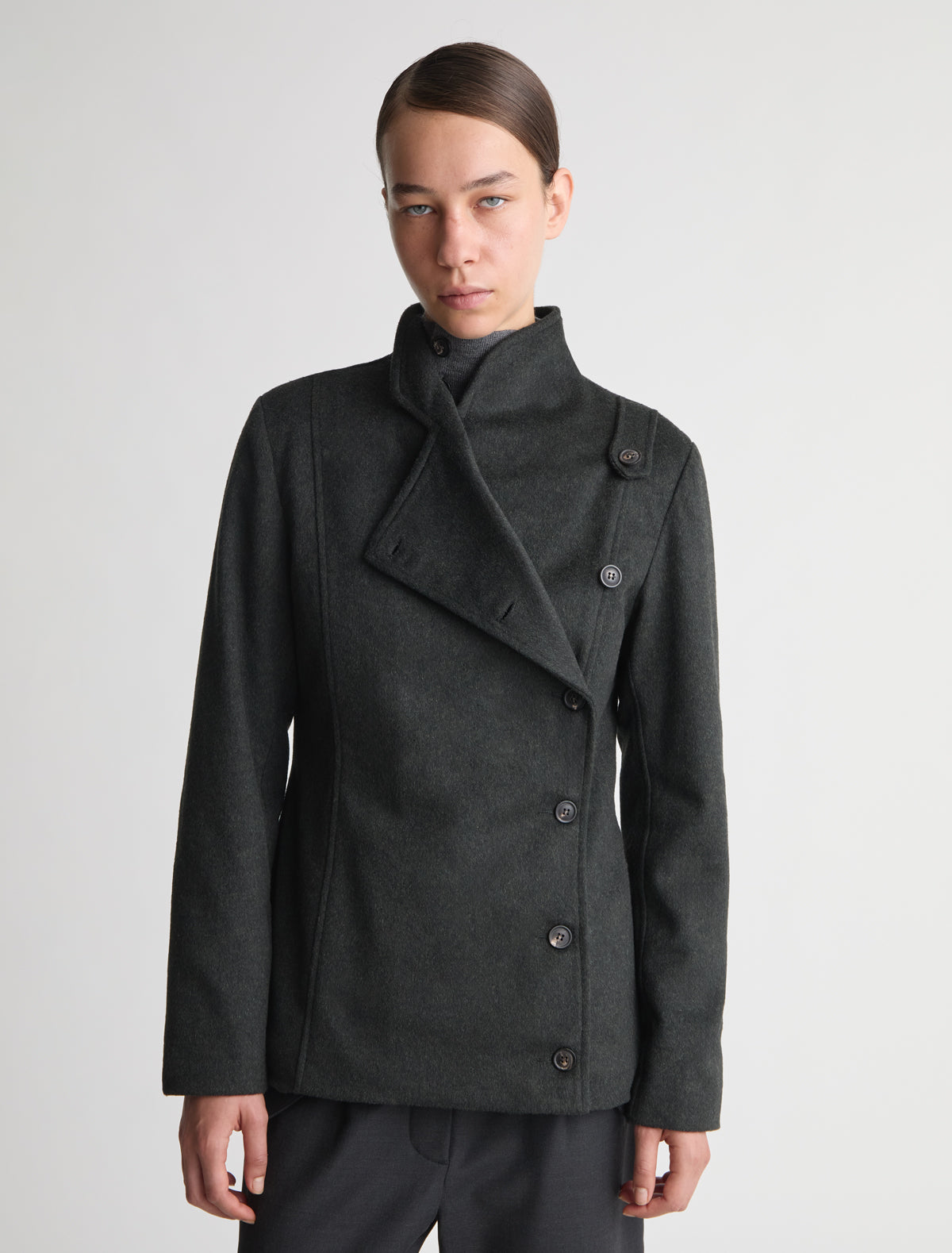 Yashi fitted midi coat double breasted front high neck