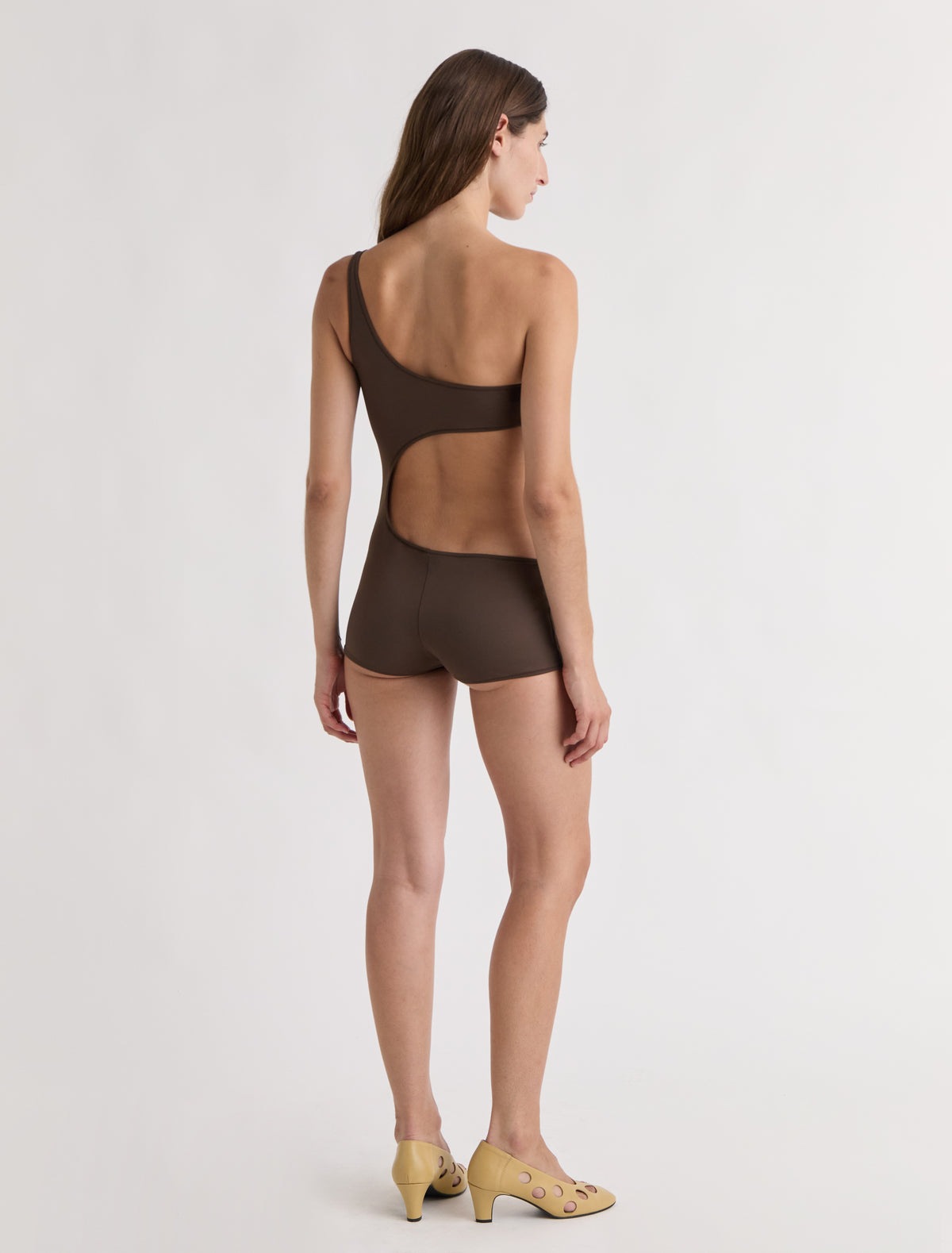 Flann asymmetric swimsuit cut out detail brown