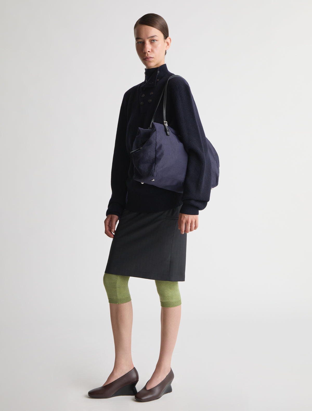 Sora nylon shoulder bag adjustable leather straps navy