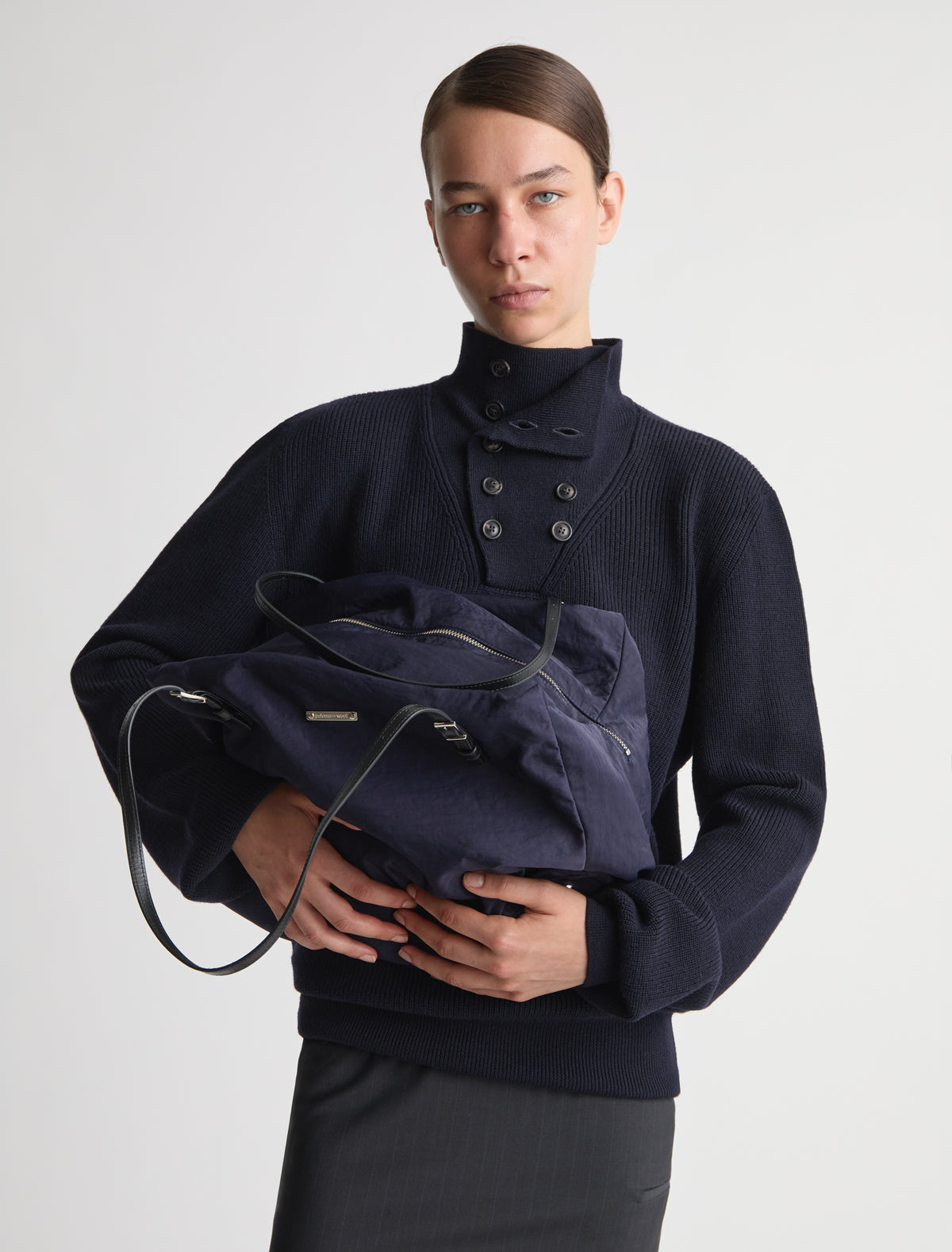Sora nylon shoulder bag adjustable leather straps navy