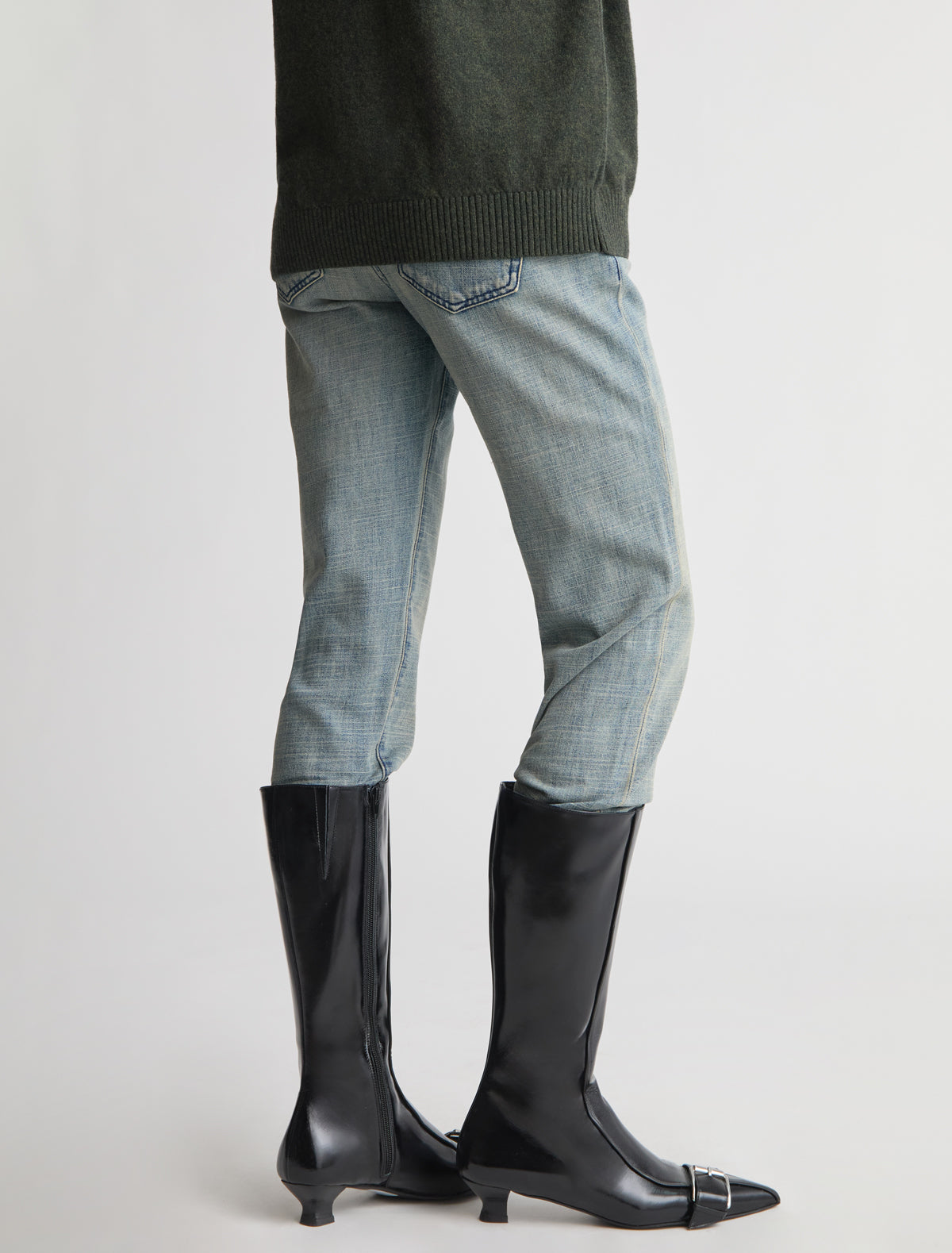 Judo tall pointed toe leather boot buckle detail cone heel navy