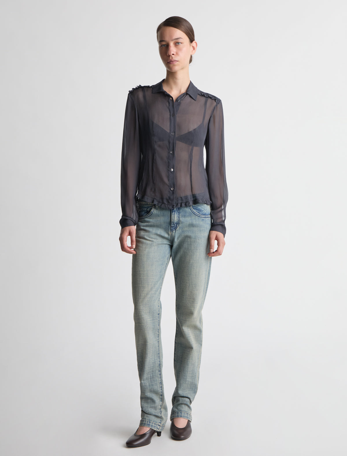 Eralda silk shir small ruffle details shoulders grey