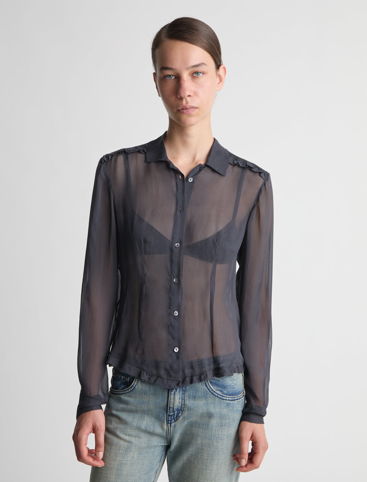Eralda silk shir small ruffle details shoulders grey
