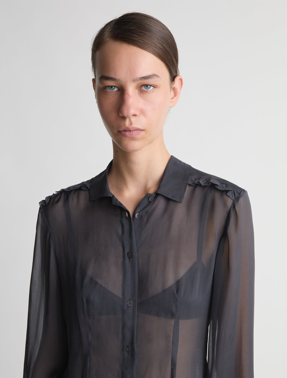 Eralda silk shir small ruffle details shoulders grey