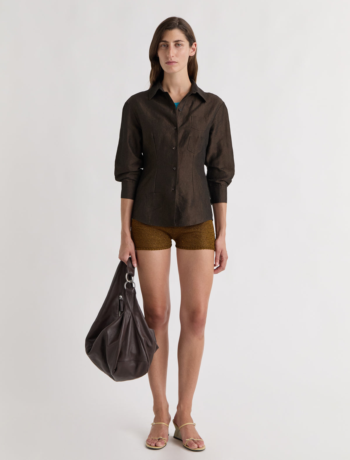 Jasmine three quarter sleeve linen shirt mini patch pockets brown