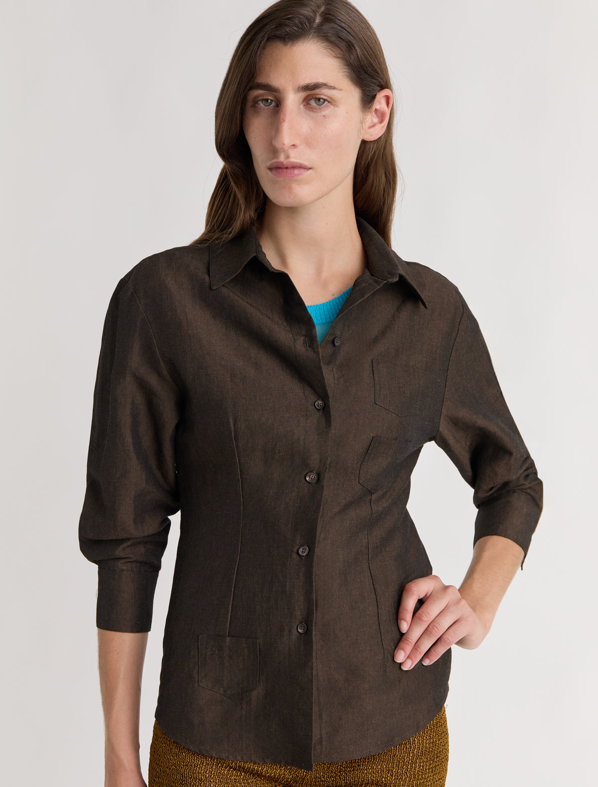 Jasmine three quarter sleeve linen shirt mini patch pockets brown