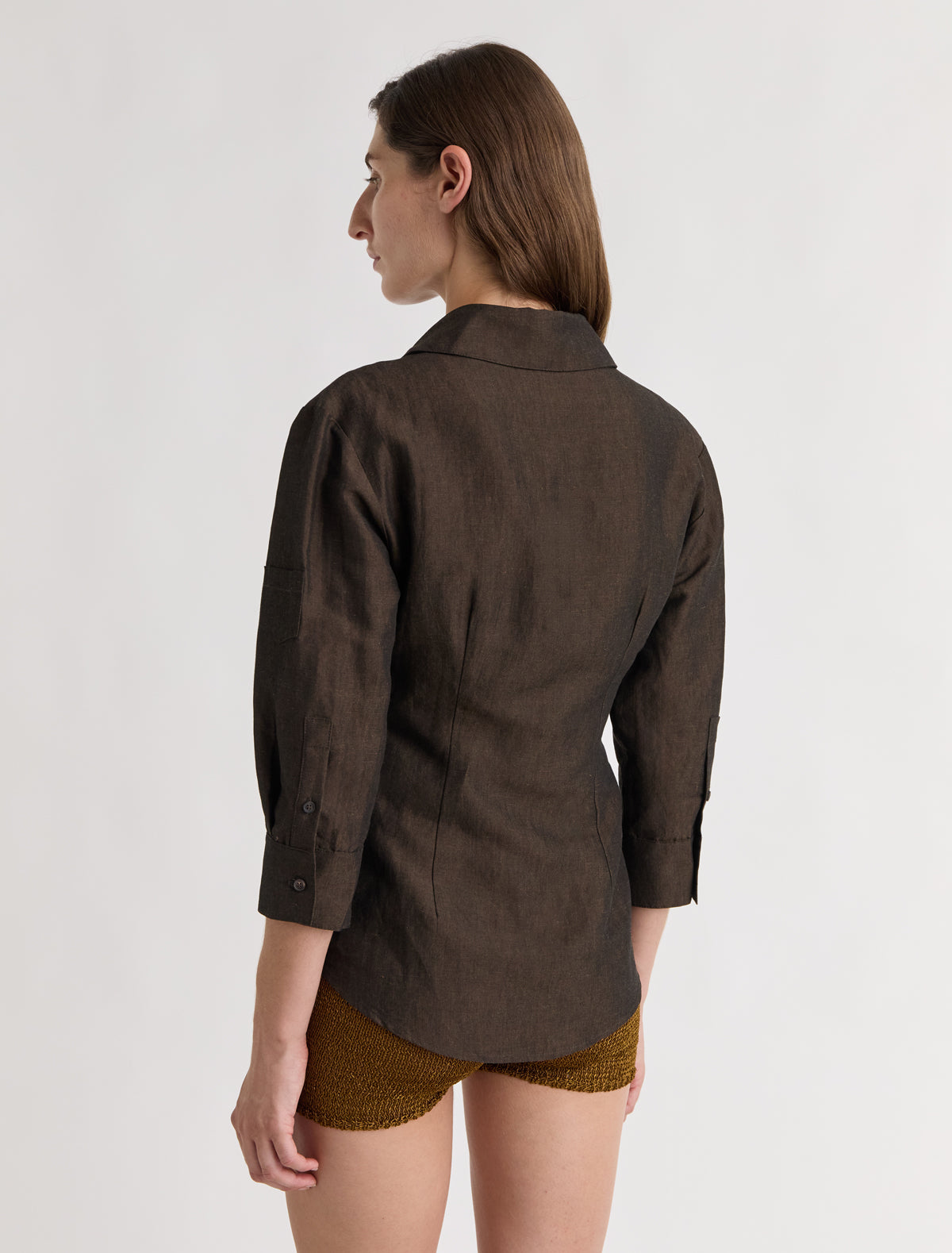Jasmine three quarter sleeve linen shirt mini patch pockets brown