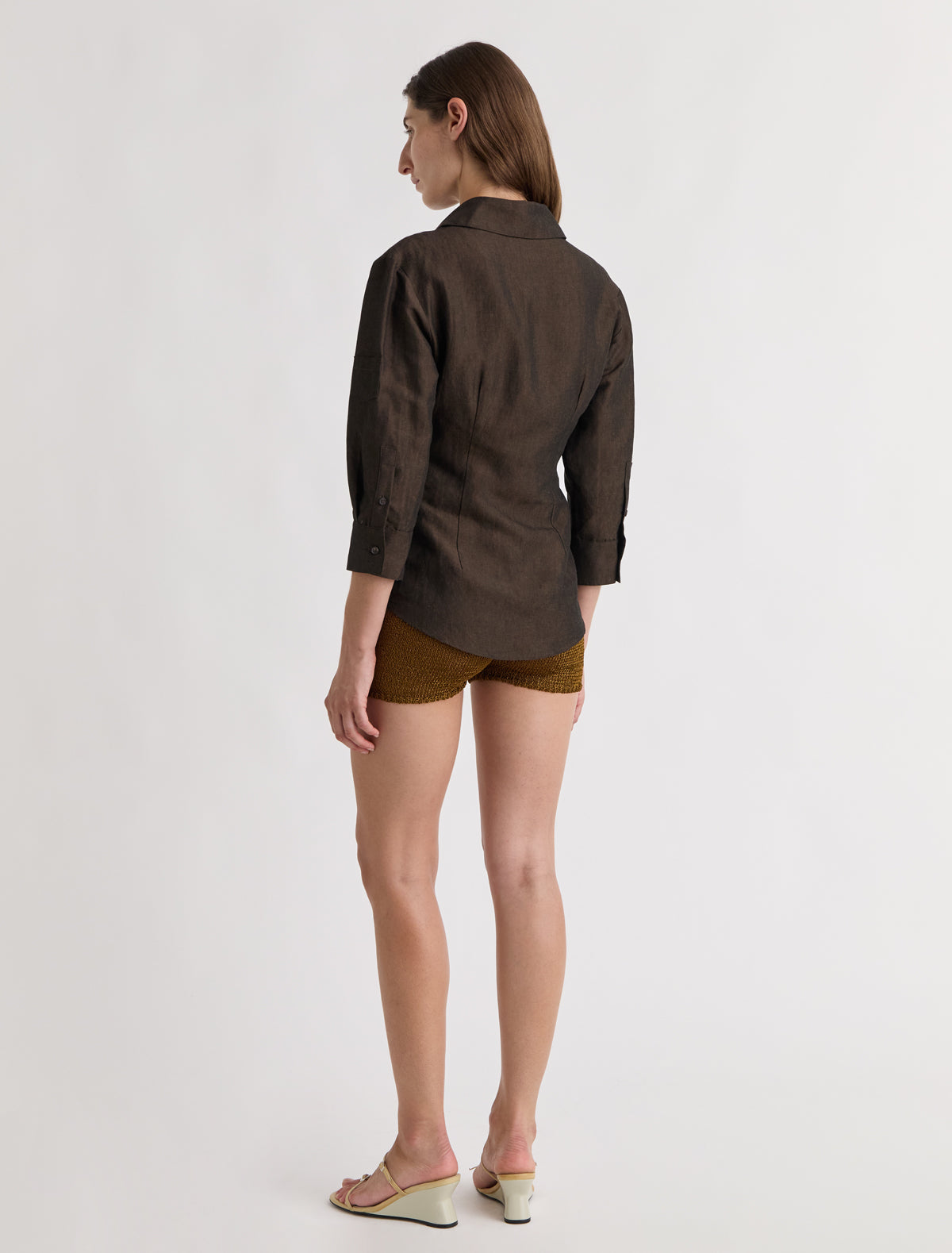 Jasmine three quarter sleeve linen shirt mini patch pockets brown