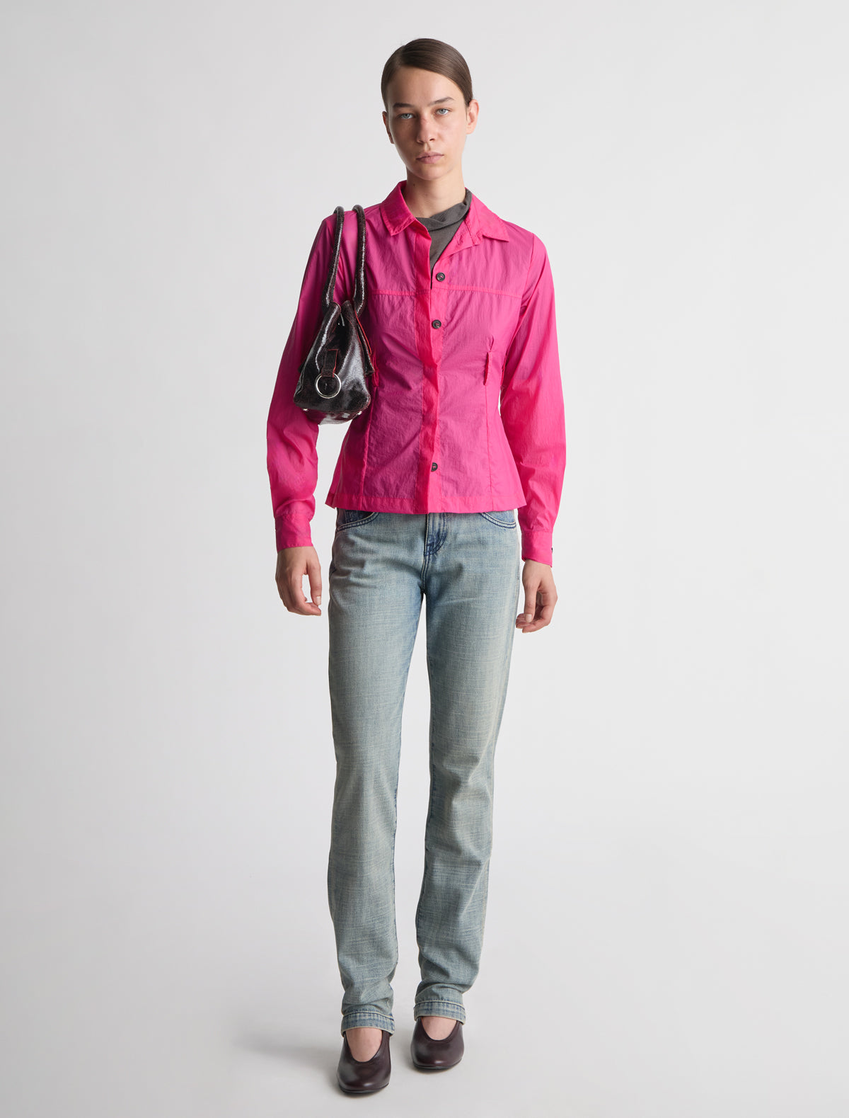 Meltuit fitted nylon shirt belt loops waist pink