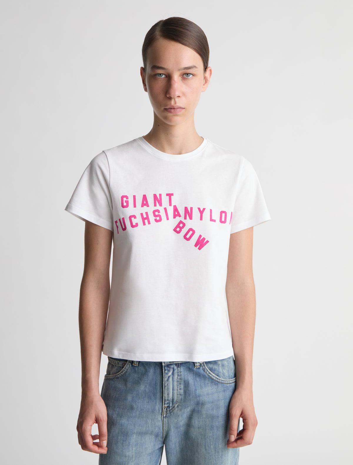 Fuchsia bow short sleeve cotton t shirt graphic white