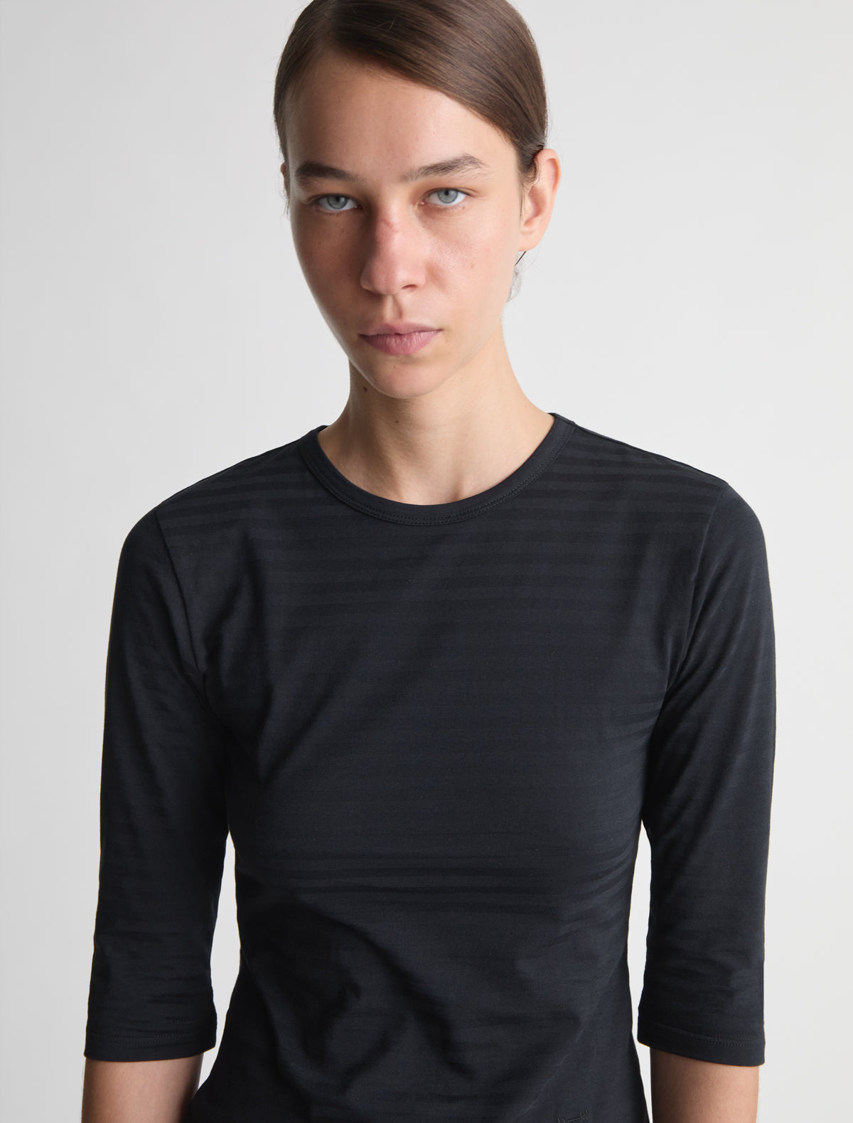 Guali ii striped round neck top elbow lenght sleeves embroidery black